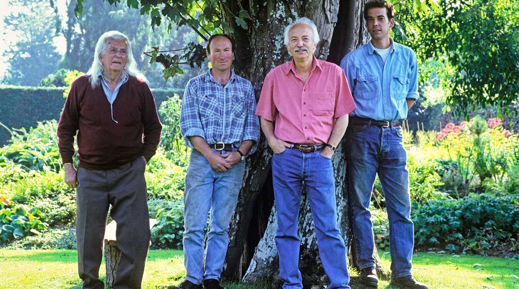 Taken in 2003, this shows 96 year old Alan Bloom on the left with son in law Jaime Blake, curator of the Dell Garden, Adrian Bloom chairman of the family business, Blooms Nurseries Ltd. (and gardener) and Adrian and Rosemary’s eldest son Jason Bloom, Managing Director and nursery grower and manager.